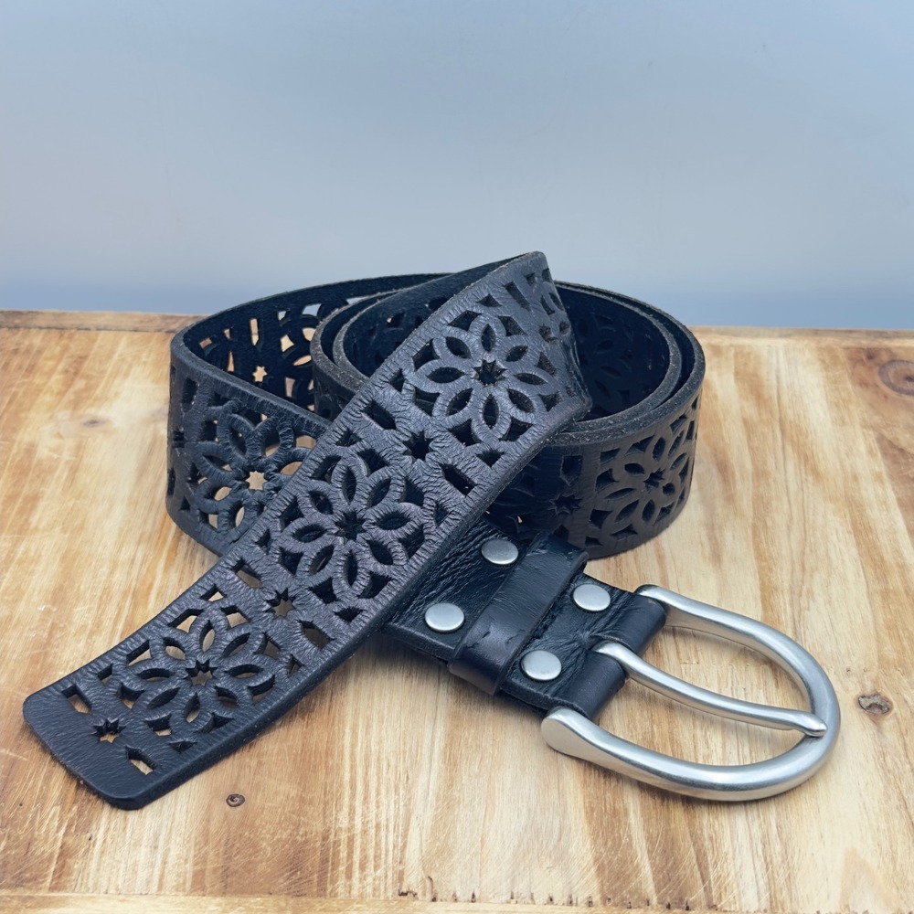 Lucky Brand Belt Black Leather Floral Laser Cut Boho Wide Western Hippy L XL